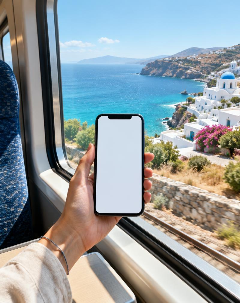Traveler holding a phone while looking out at the Mediterranean coast